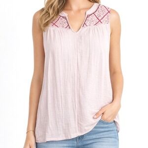 Knox Rose NWT Women Embroidered Split V-Neck Gauze Sleeveless Top Melon Sorbet S